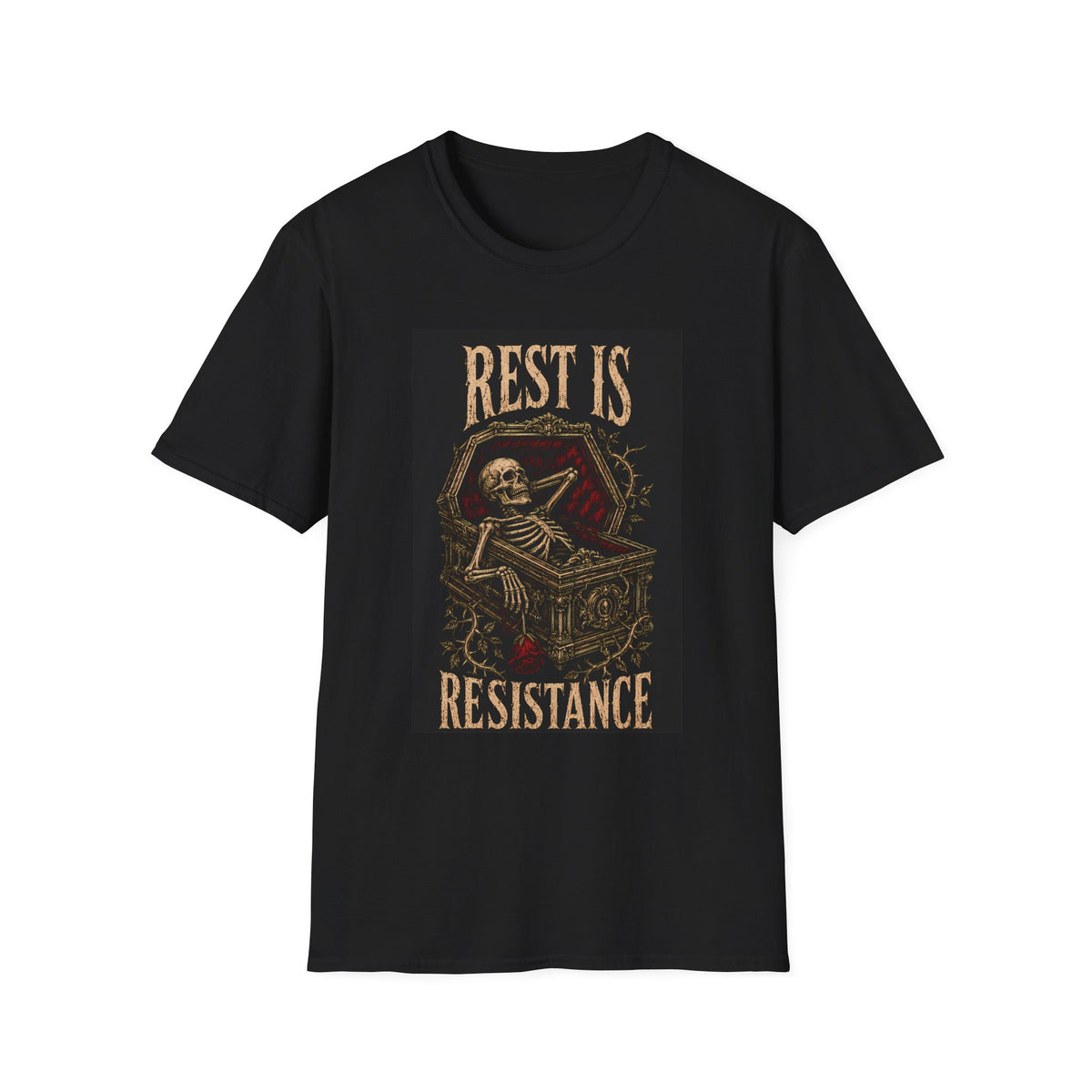 Black T-shirt with Rest Is Resistance text with a resting skeleton, front view.