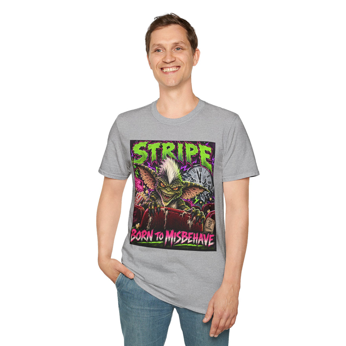 Stripe Gremlin T‑Shirt — 'Born to Misbehave' Retro Horror Graphic Tee
