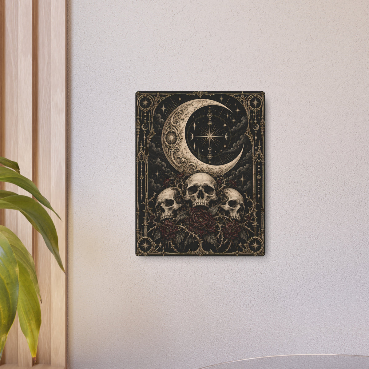 Metal Art Sign | Gothic Moon & Skulls | Occult Wall Art