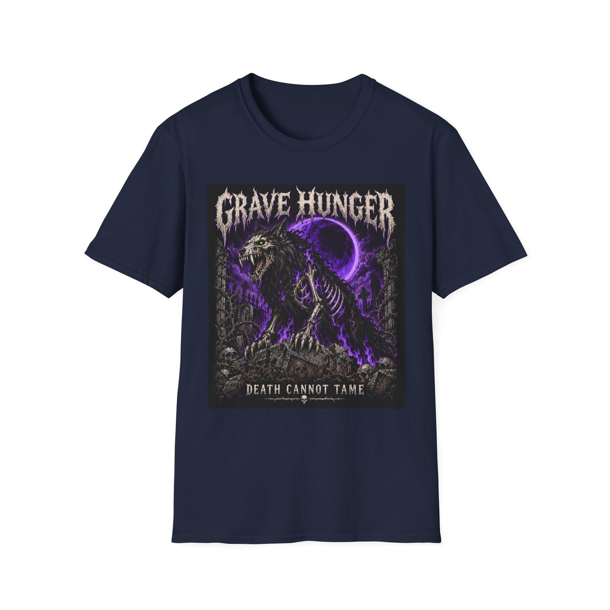 Grave Hunger Gothic Band Tee — Purple Reaper Graphic T-Shirt