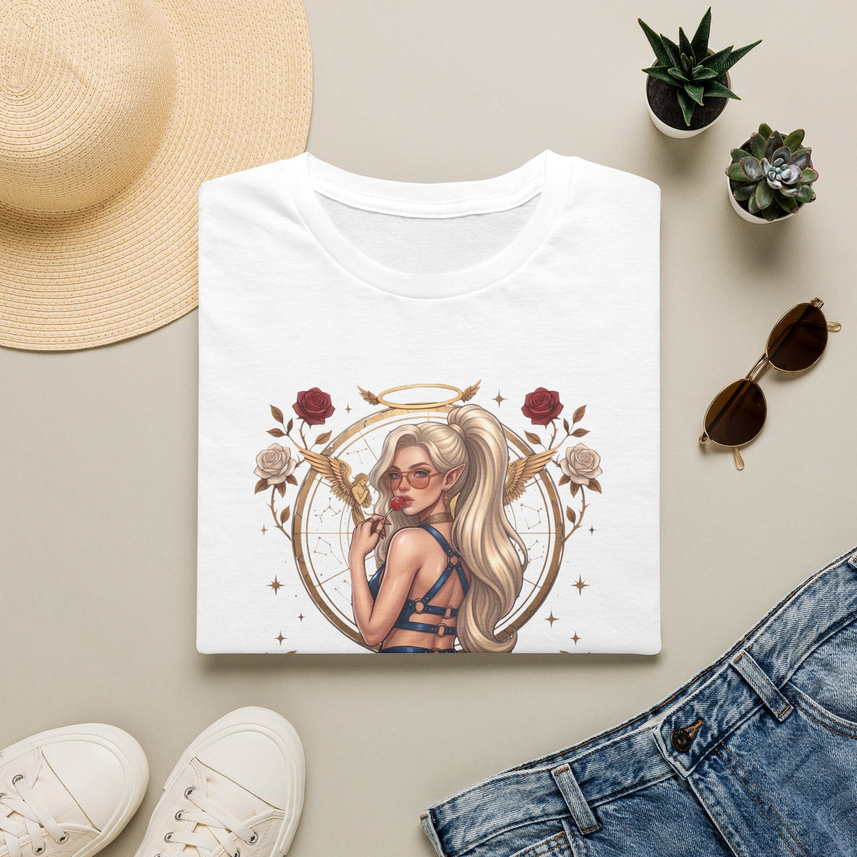 Sexy Angel Blonde Pin-Up Girl T Shirt - Rose Halo Graphic T-Shirt