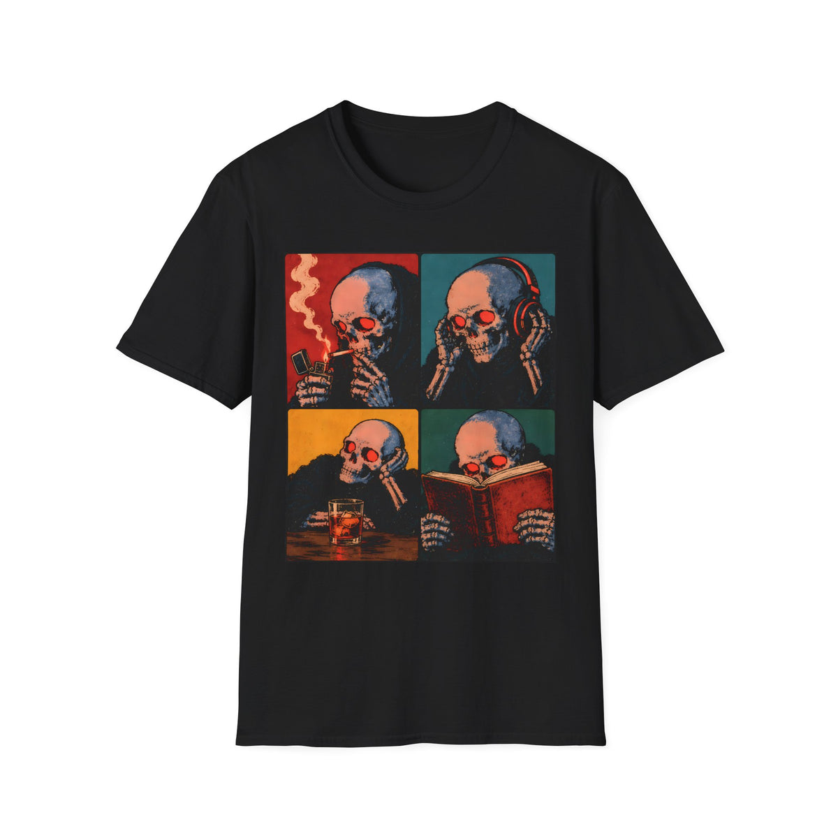 Skull Pop Art | Four-Panel Skeleton Smoking, Listening & Reading Graphic Tee