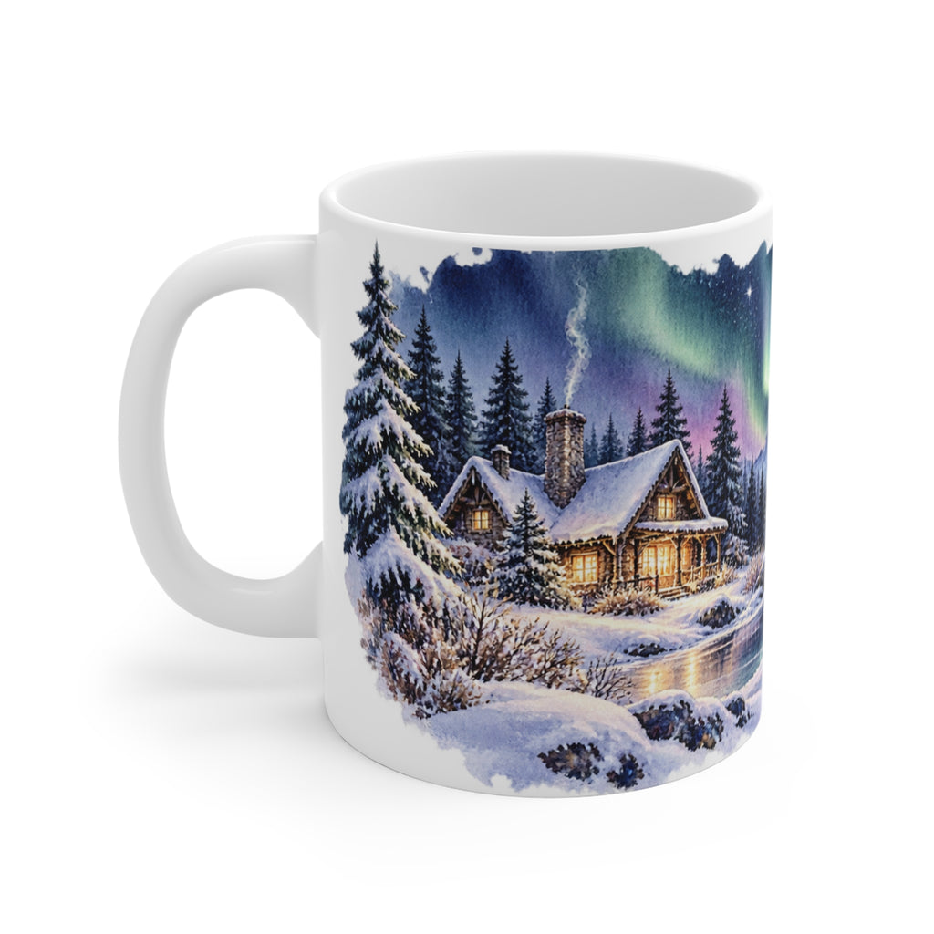 Northern Lights Mug | Winter Cabin Watercolour | Stargazer Gift