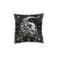Cushion artwork: A feline skull nestles among curling leaves and berries beneath a broad crescent moon, with fine circles and triangular lines framing the composition.