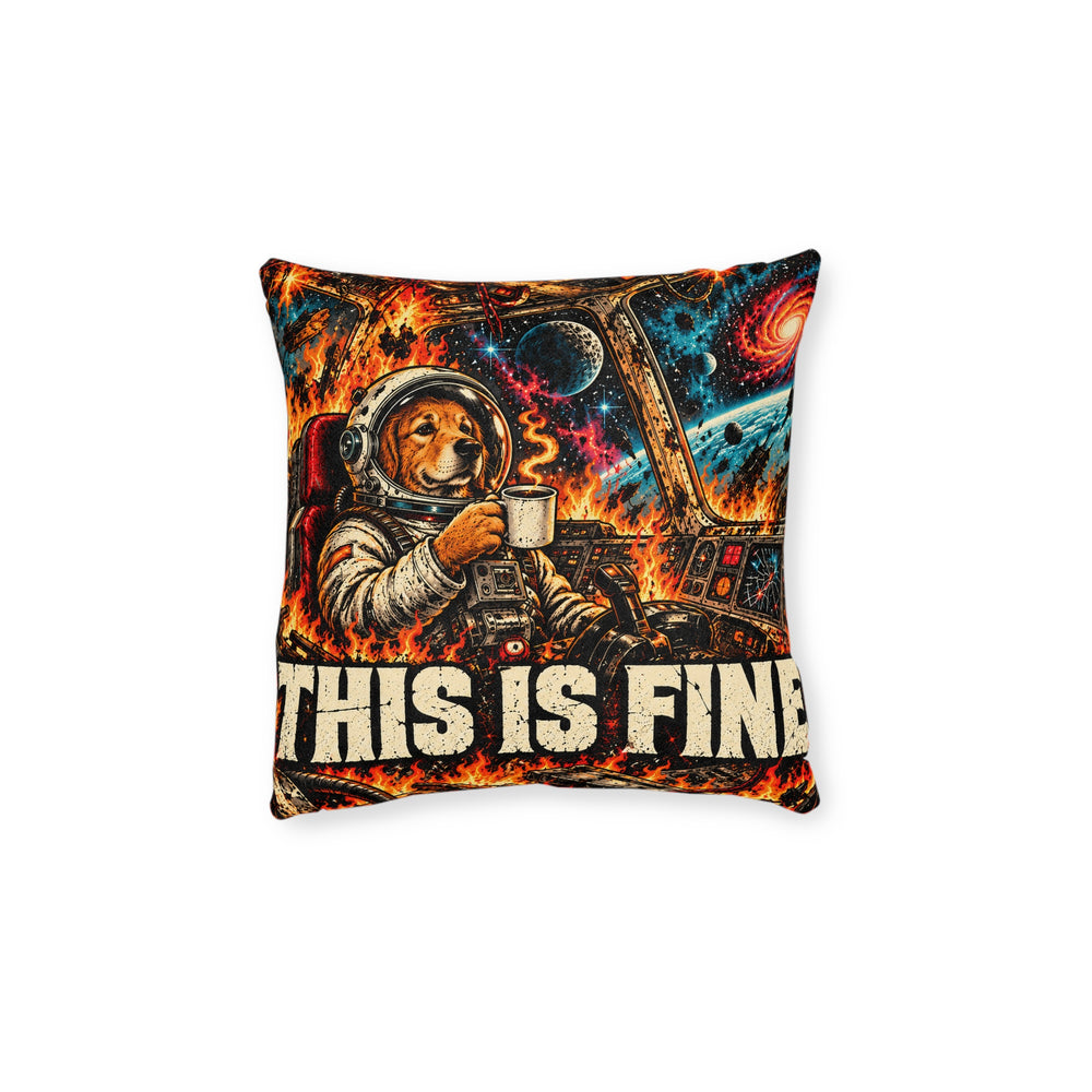 Cushion artwork: A remarkably relaxed dog in a spacesuit holds a steaming mug while flames engulf the spacecraft around it.
