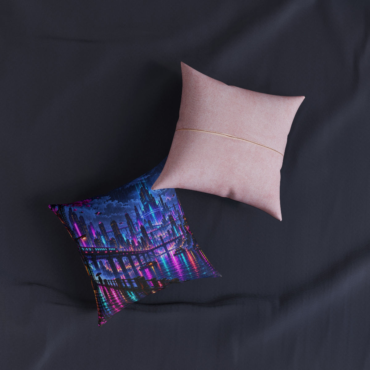 Neon City Pixel Art Cyberpunk Skyline Cushion | Decorative Sofa Pillow