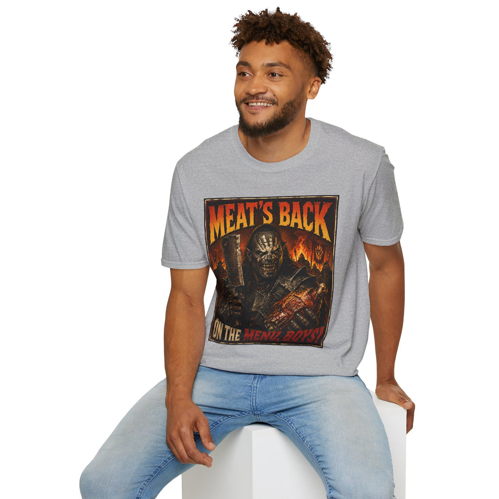 Meat’s Back Horror Graphic T-Shirt — ‘Meat’s Back on the Menu Boys’ Retro Slayer Tee