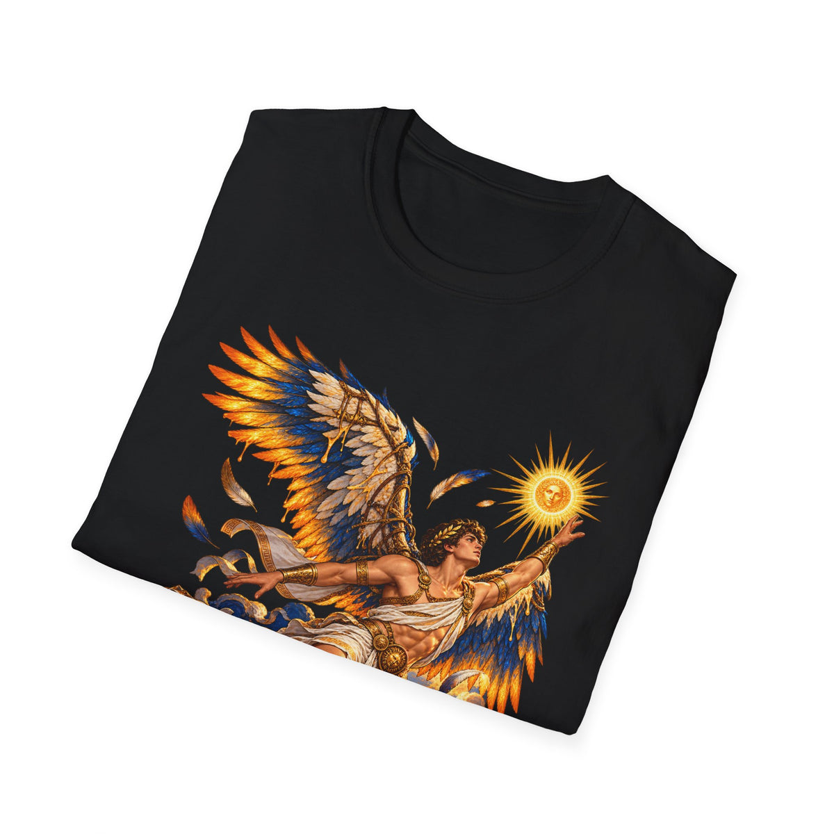 Icarus Greek Mythology T-Shirt, Feather Wings and Golden Sun Art