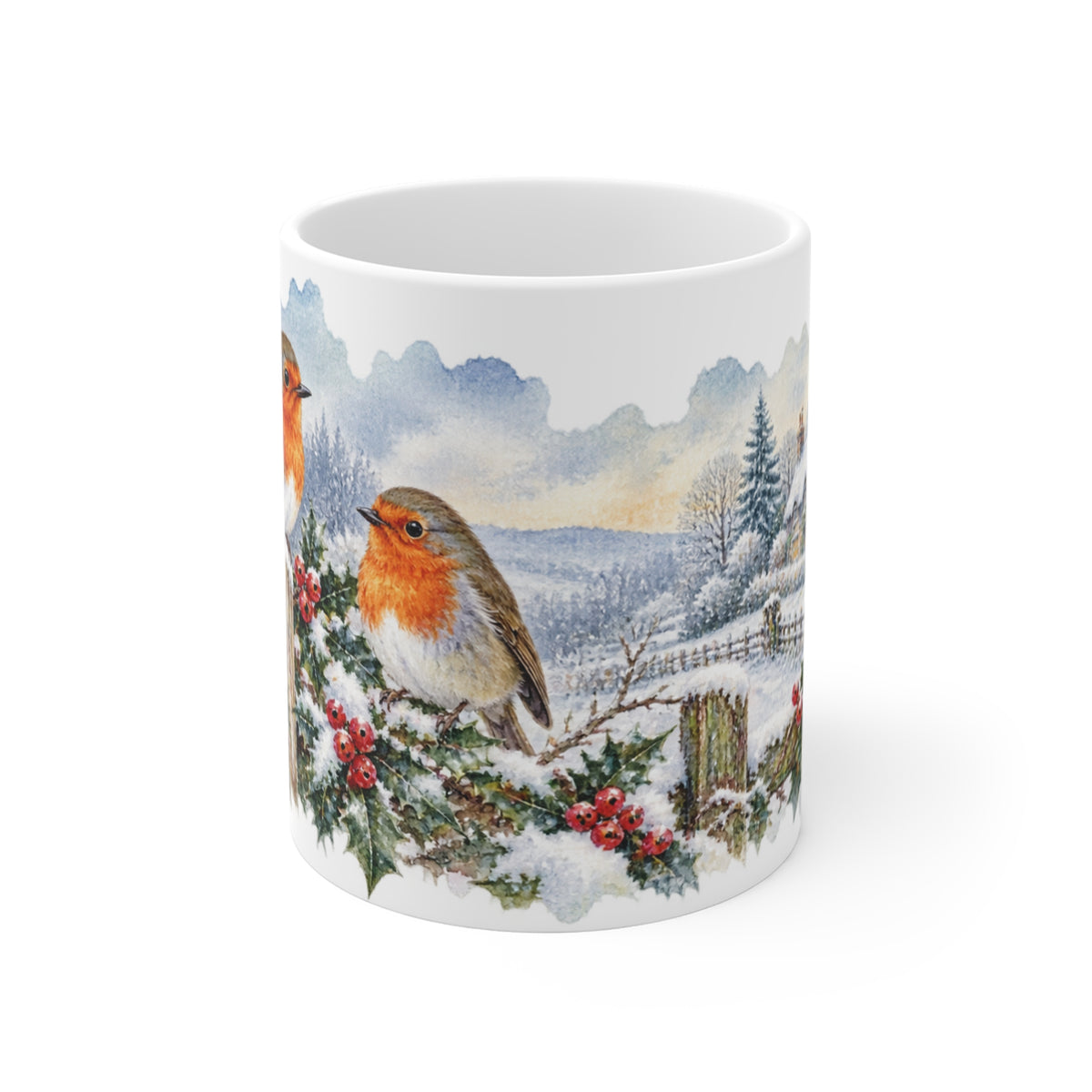 Winter Robin Mug | Snowy Holly Watercolour | Bird Lover Gift