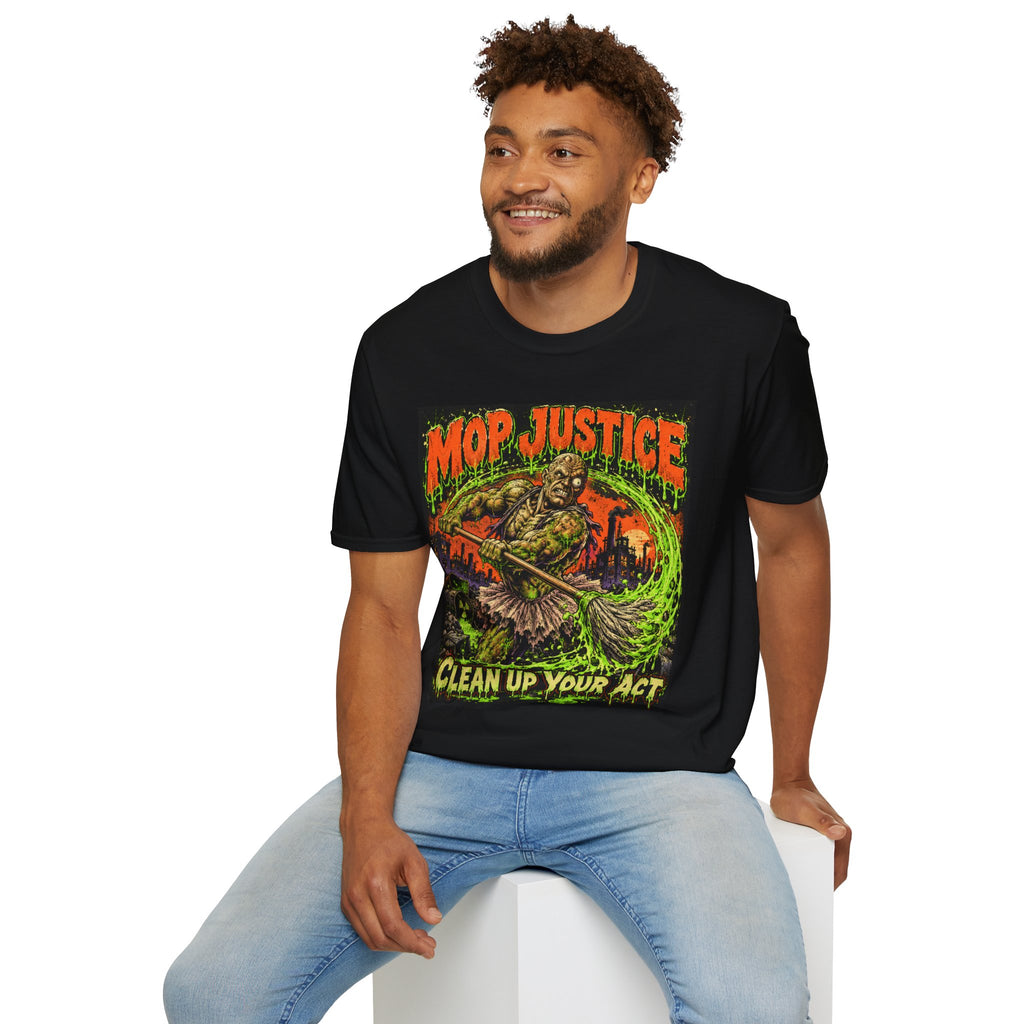 Mop Justice T-Shirt — Retro Horror Cleanup Graphic Tee ("Clean Up Your Act")