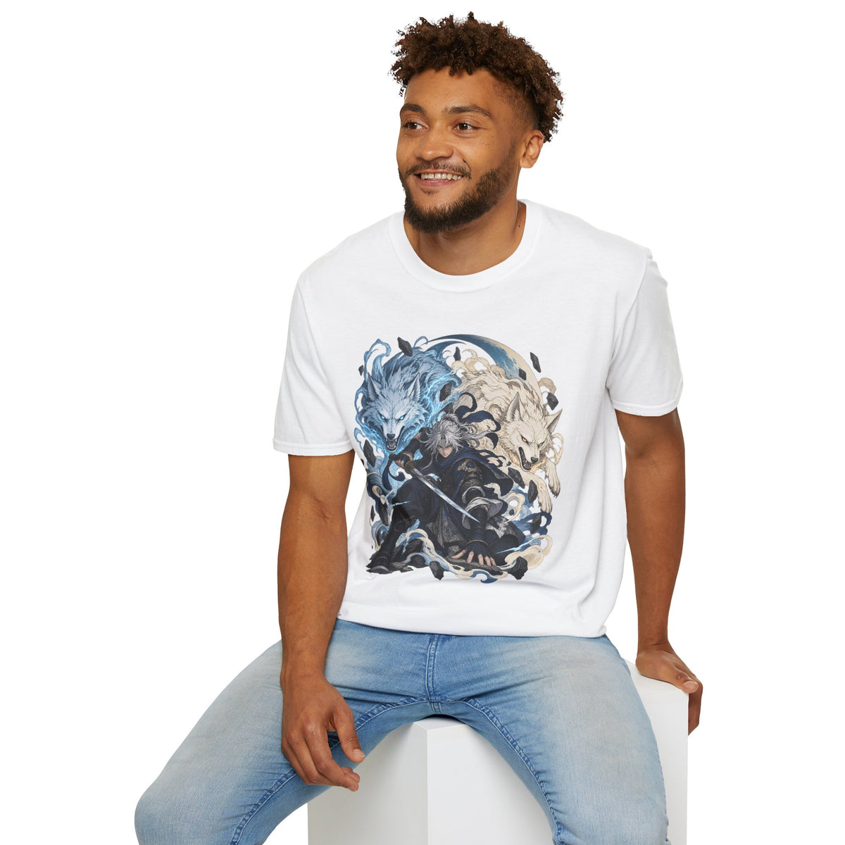 Wolf Spirit T-Shirt | Japanese Samurai | Yin Yang Blue & White Wolves Graphic Tee