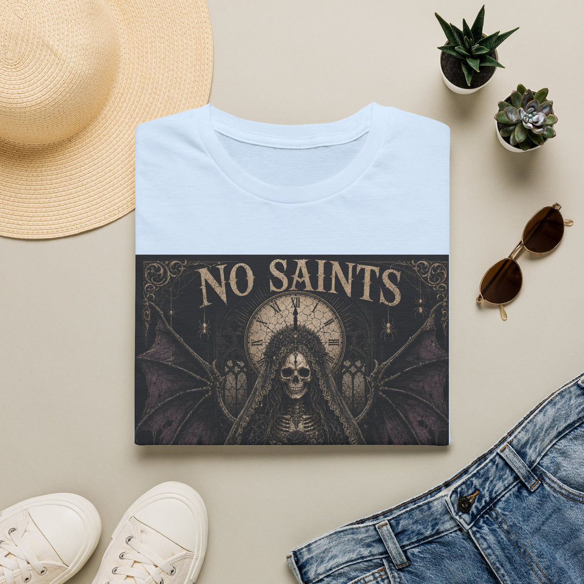 No Saints Graphic T-Shirt — Gothic Skull Clock Design