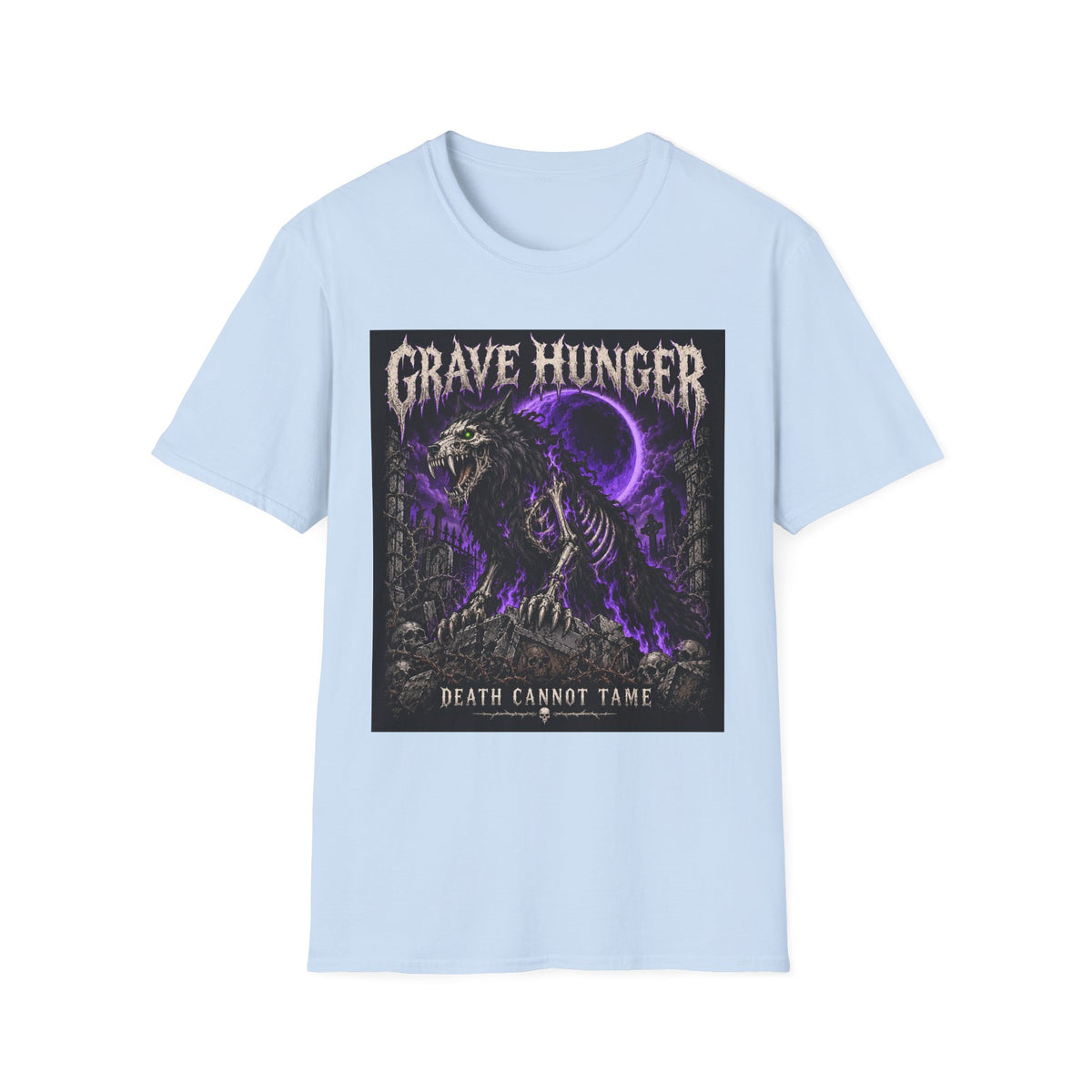 Grave Hunger Gothic Band Tee — Purple Reaper Graphic T-Shirt
