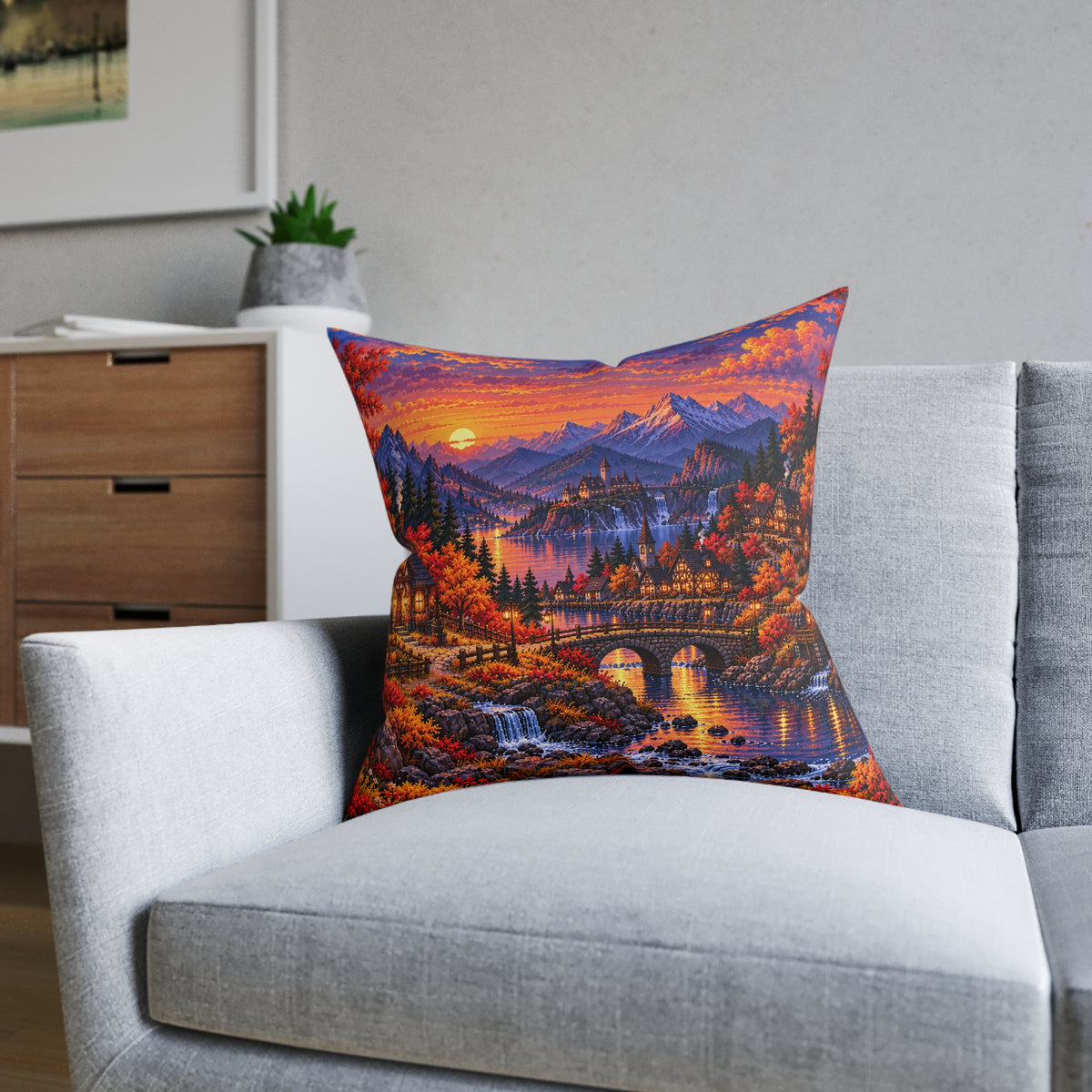 Autumn Village Pixel Art Landscape Cushion | Decorative Sofa Pillow