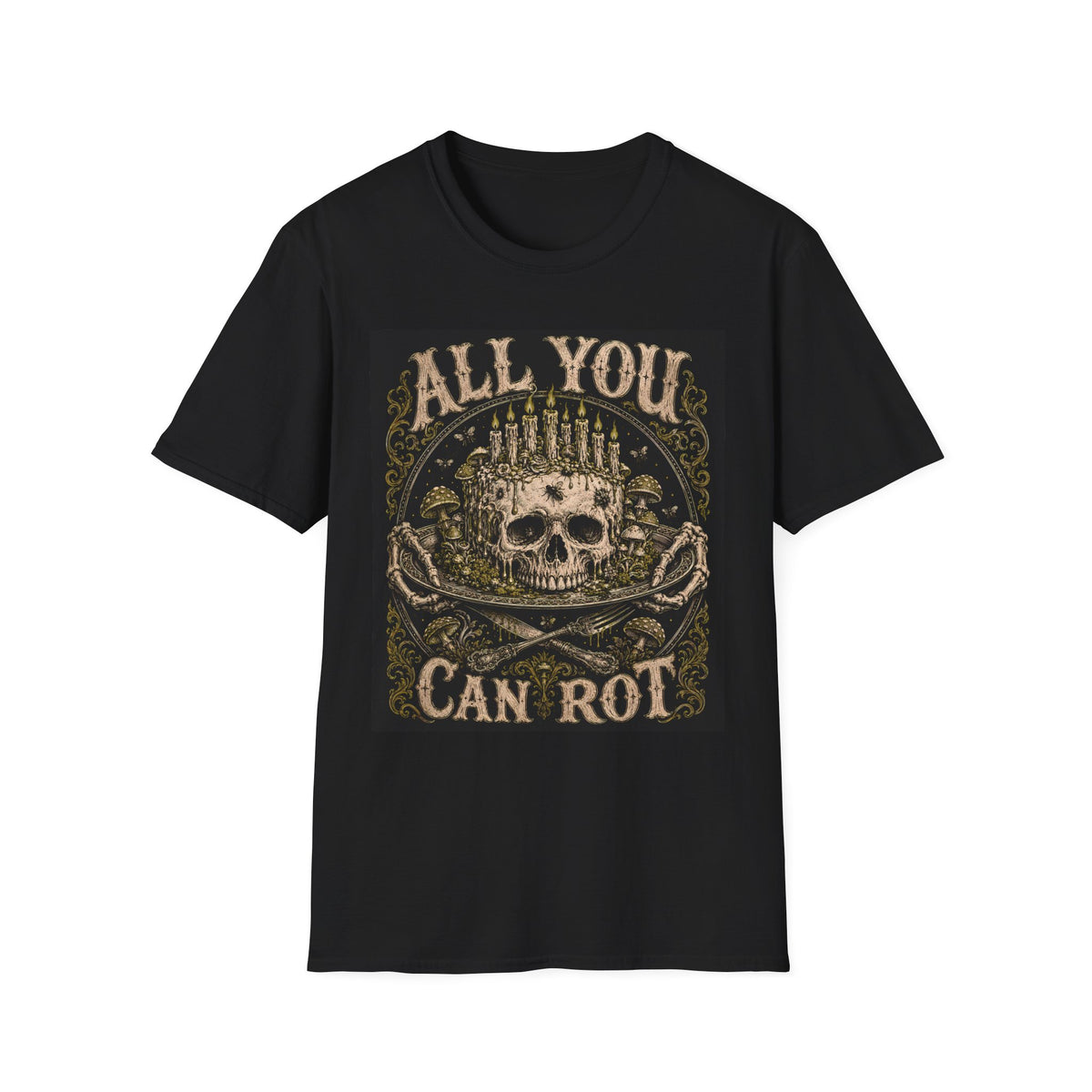 Black T-shirt with All You Can Rot text and skull crowned with candles, front view.