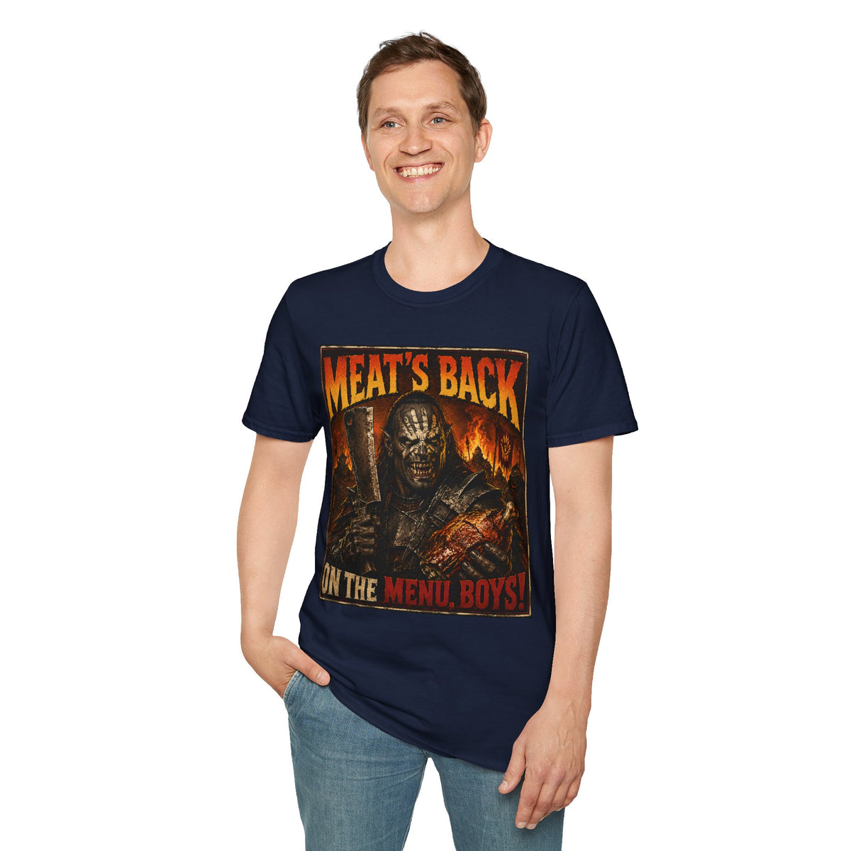 Meat’s Back Horror Graphic T-Shirt — ‘Meat’s Back on the Menu Boys’ Retro Slayer Tee