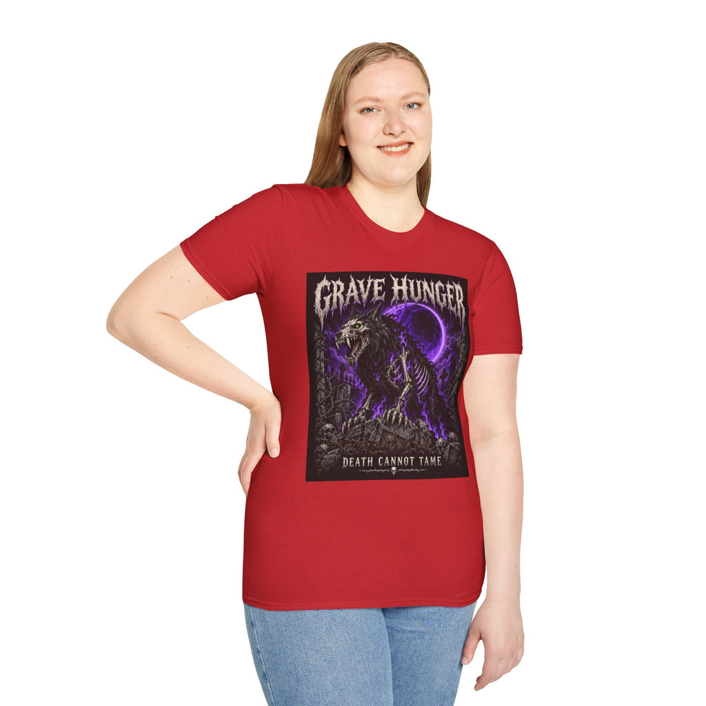 Grave Hunger Gothic Band Tee — Purple Reaper Graphic T-Shirt