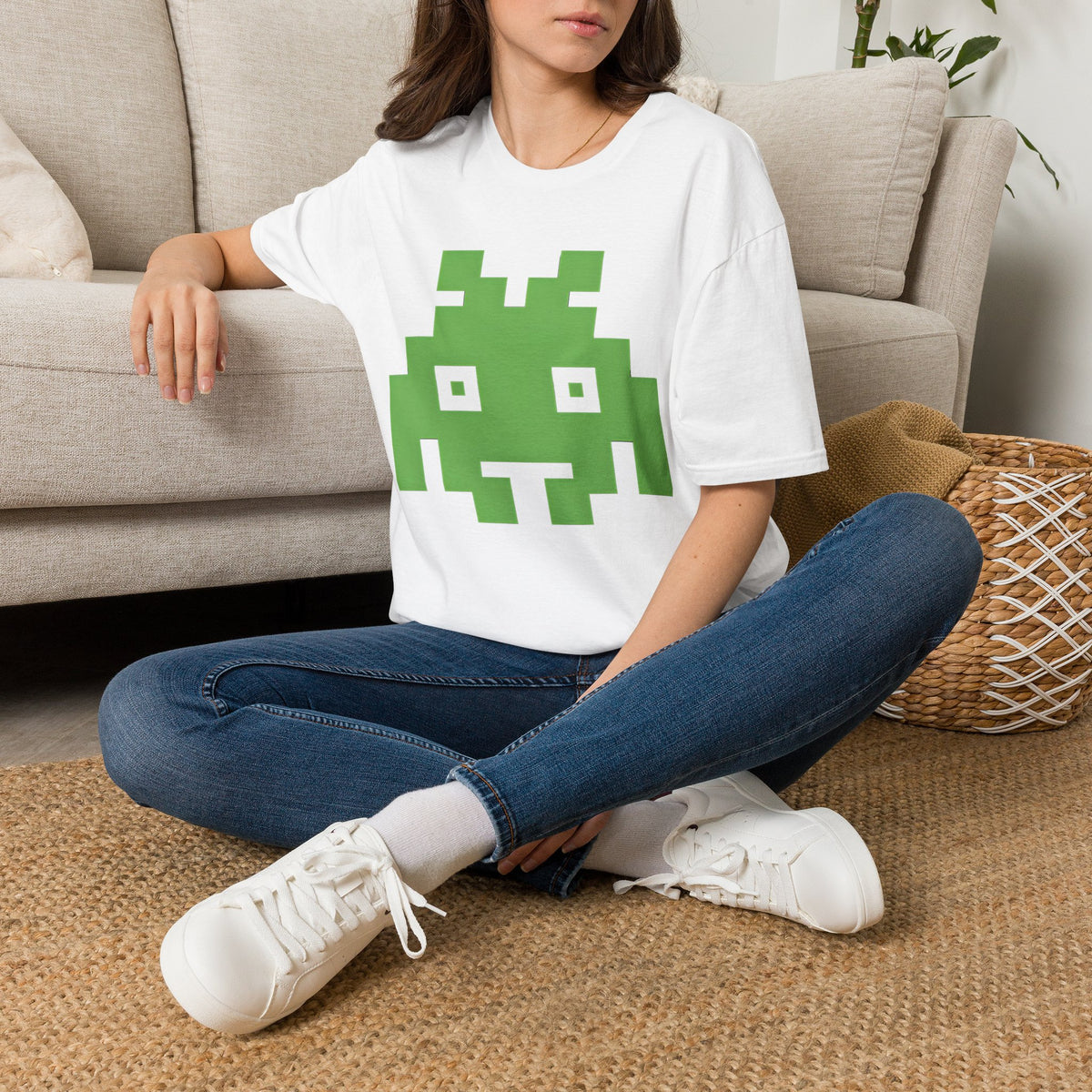 Retro Pixel Alien Tee — Green 8-Bit Gamer Graphic Shirt