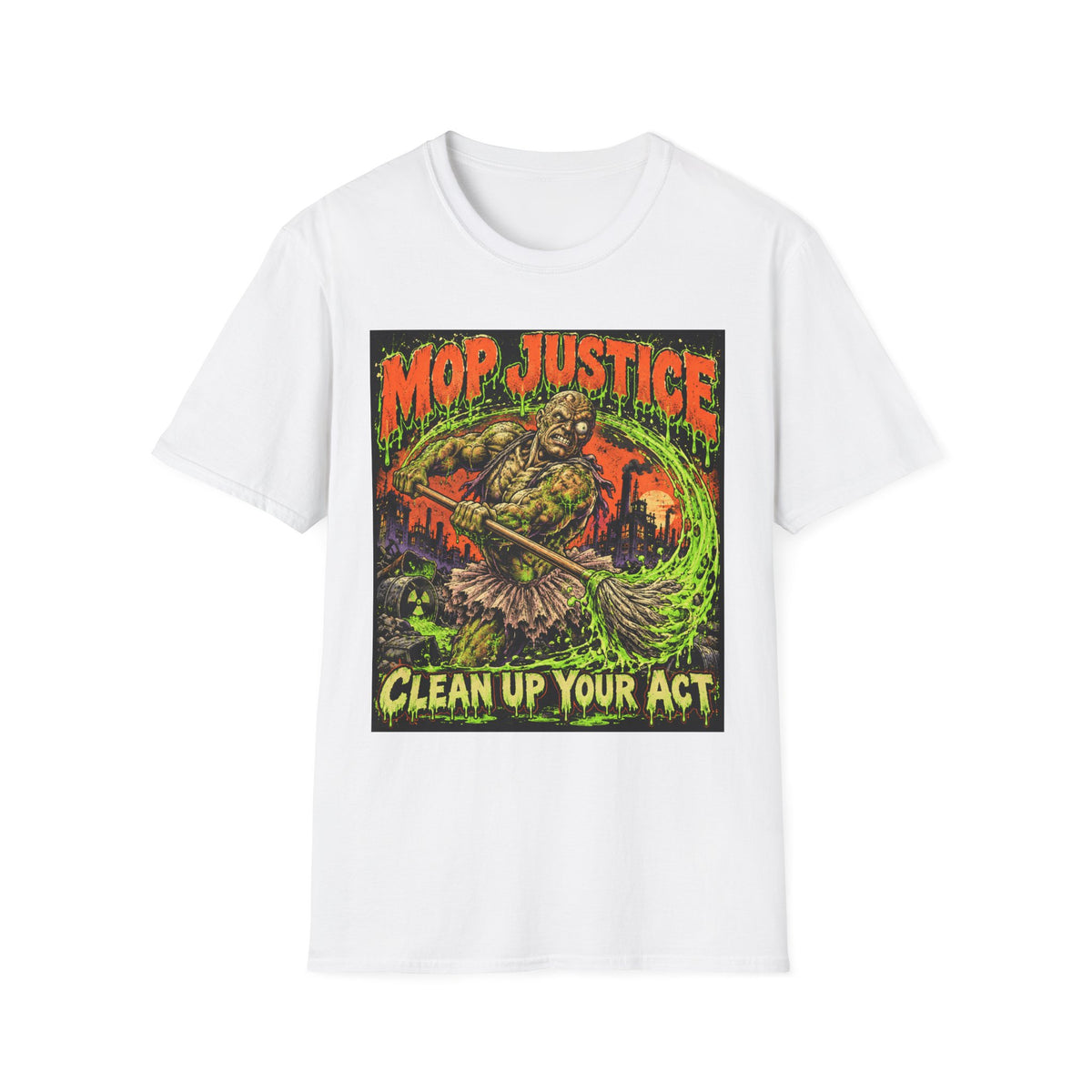 Mop Justice T-Shirt — Retro Horror Cleanup Graphic Tee ("Clean Up Your Act")