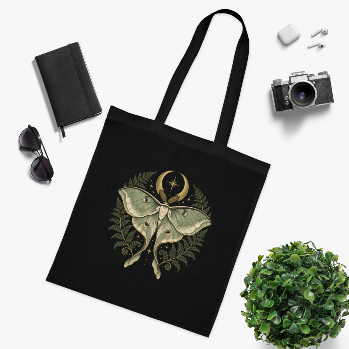 Celestial Moth Cotton Tote Bag Moon Botanical Shopper Nature Lover Gift