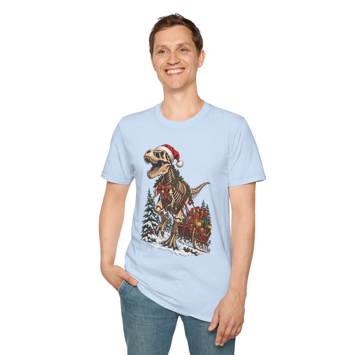 T-Rex Sleigh | Dinosaur Fossil Christmas T‑Shirt