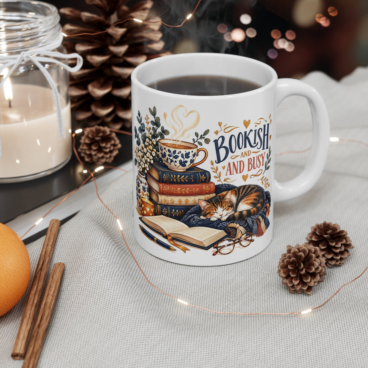 Bookish & Busy | Cute Book and Cat Lovers Coffee Mug Gift (11oz)