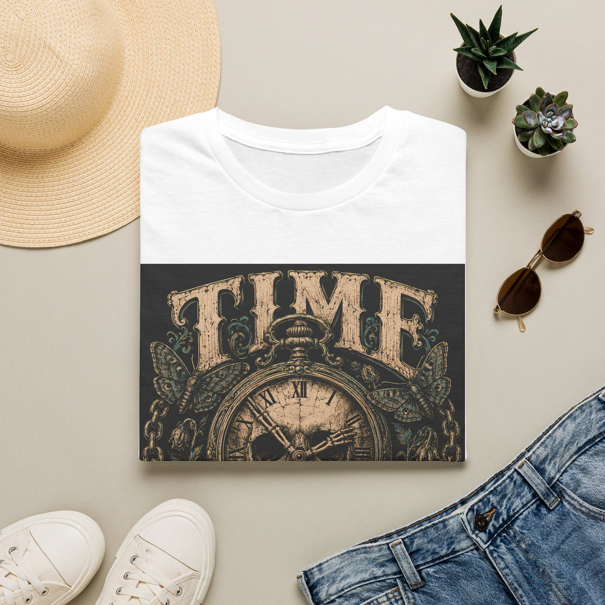 TIME Eats Everything T-Shirt — Vintage Clock & Skull Graphic Tee