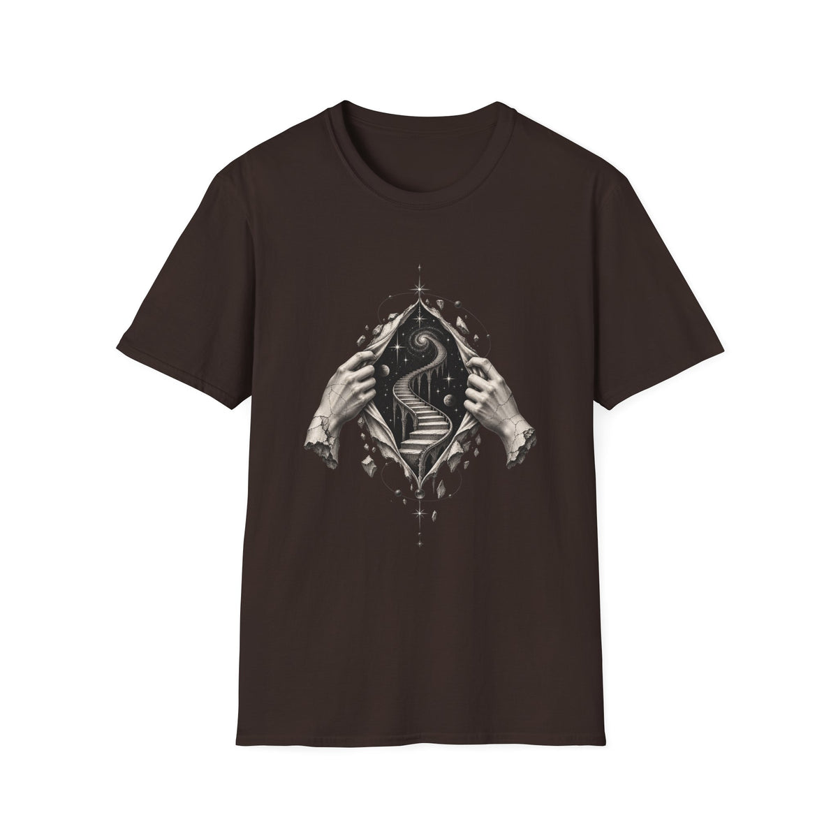 Surreal Portal T-Shirt Design | Marble Hands & Cosmic Stairway