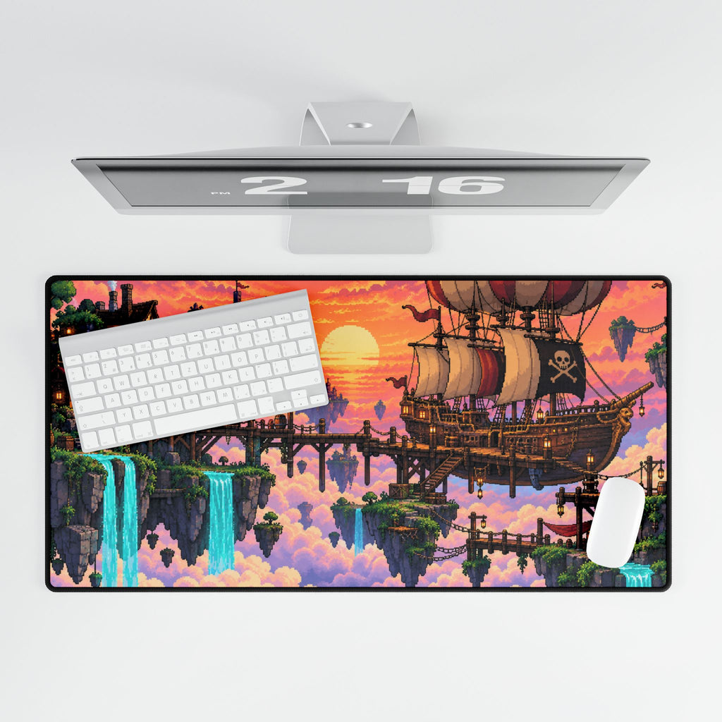 Pirate Skyship Fantasy Desk Mat — Sunset Floating Islands Gaming Mouse Pad