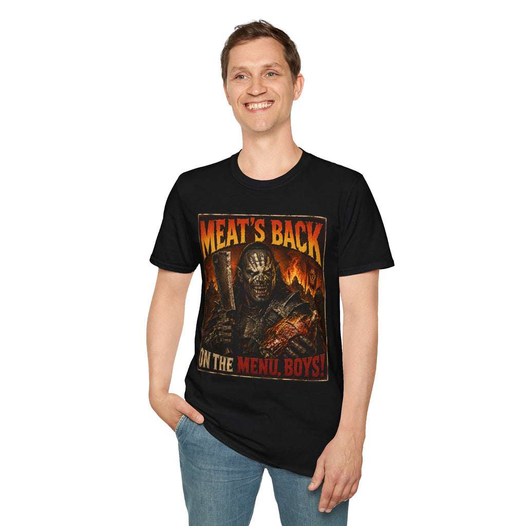 Meat’s Back Horror Graphic T-Shirt — ‘Meat’s Back on the Menu Boys’ Retro Slayer Tee