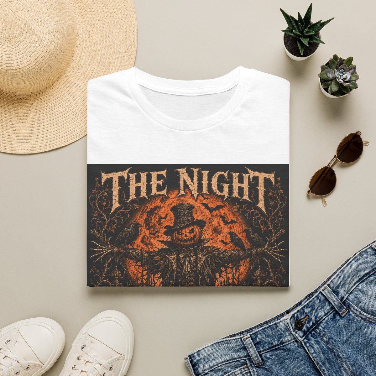 Halloween Scarecrow T-Shirt — "The Night Belongs To" Spooky Pumpkin Graphic