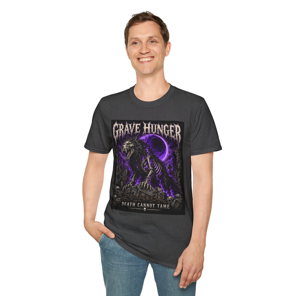 Grave Hunger Gothic Band Tee — Purple Reaper Graphic T-Shirt