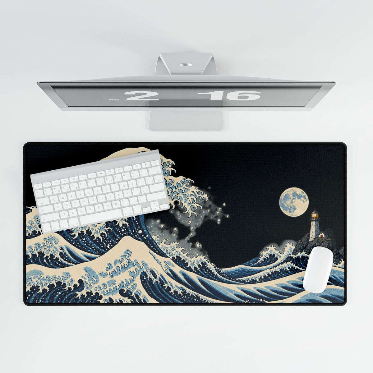 Mouse Mat | Great Wave & Moonlit Lighthouse | Japanese Coastal Art Desk Pad