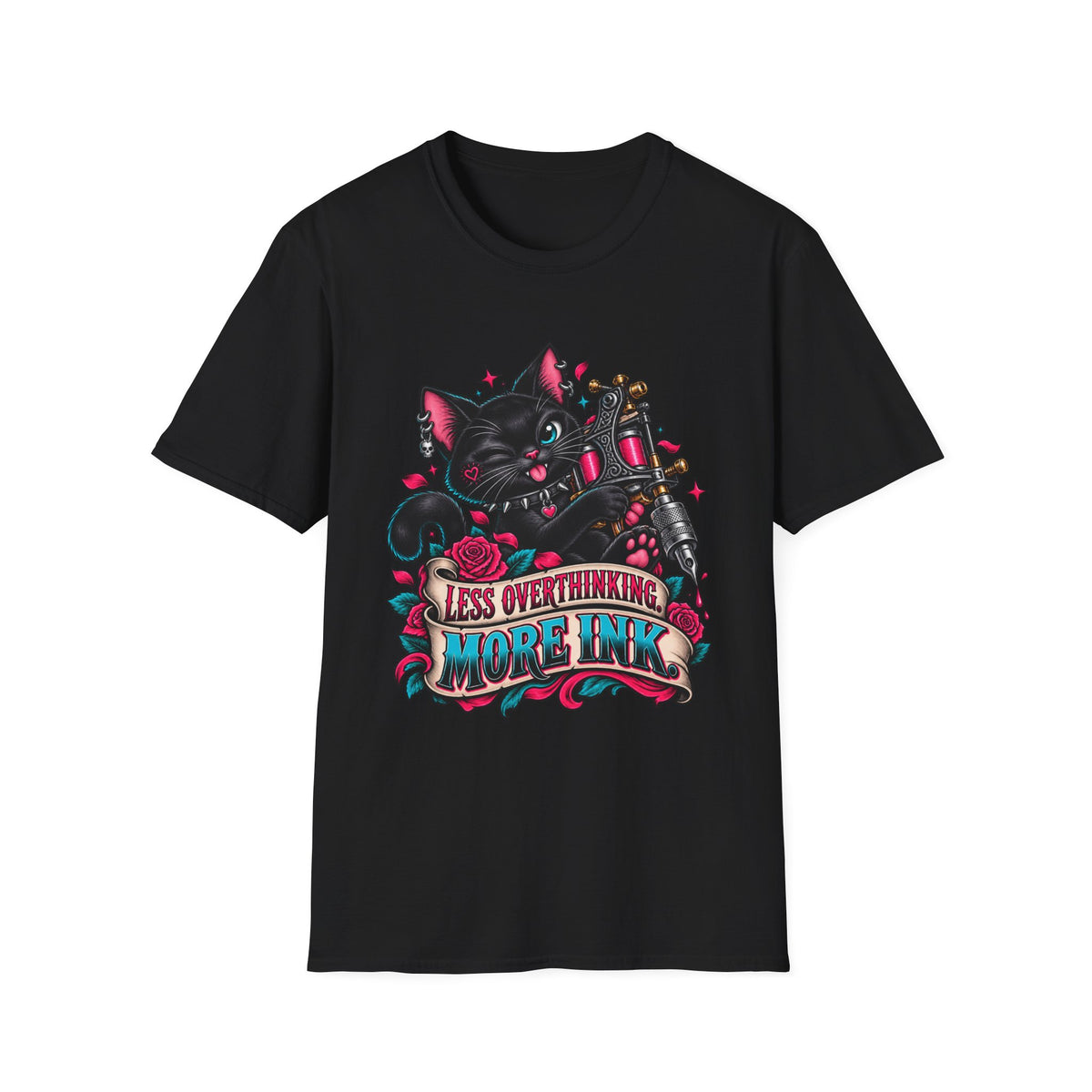 Less Overthinking More Ink Funny Tattoo Cat T-Shirt Design