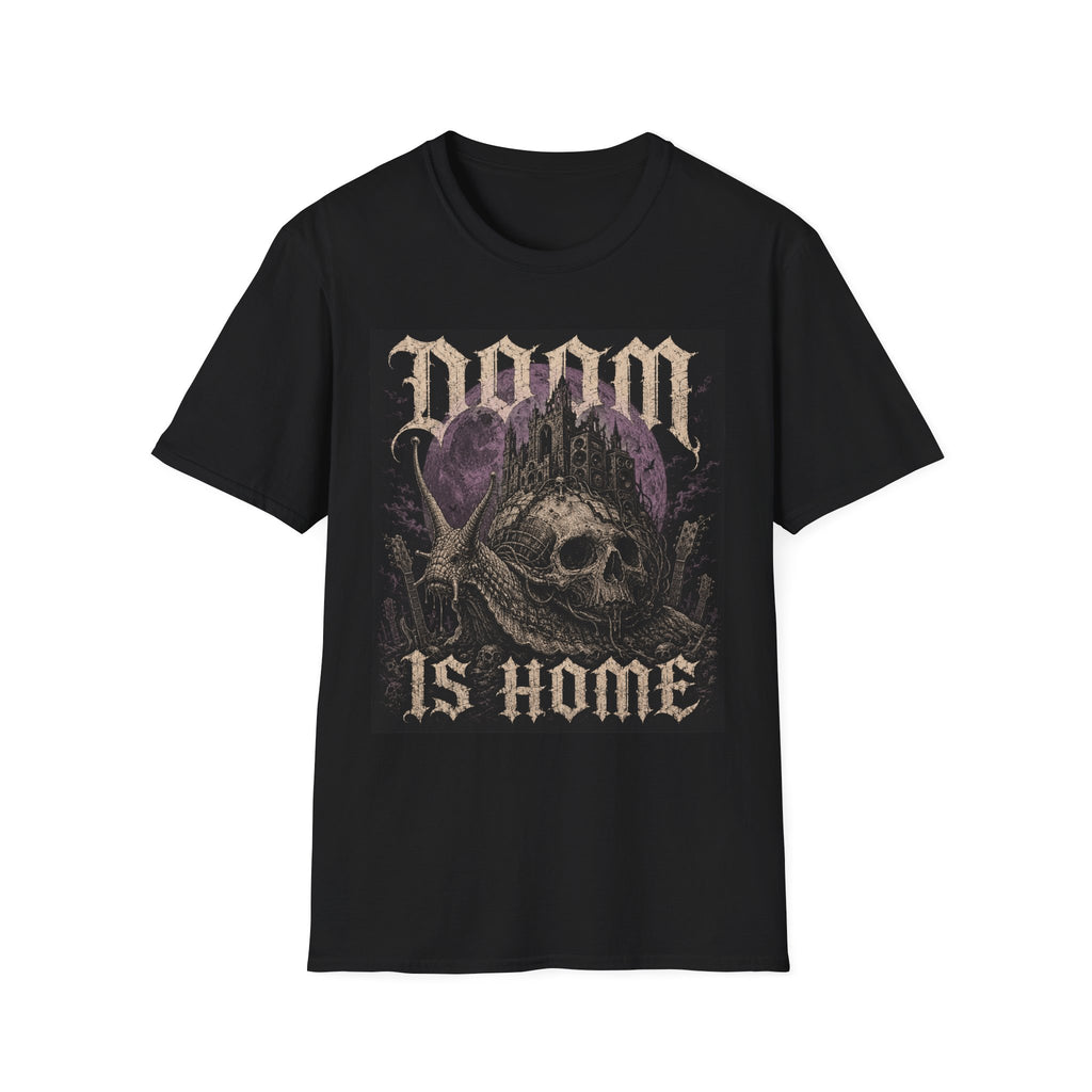 Black T-shirt with Doom Is Home text and purple gothic skull graphic, front view.