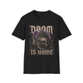 Black T-shirt with Doom Is Home text and purple gothic skull graphic, front view.