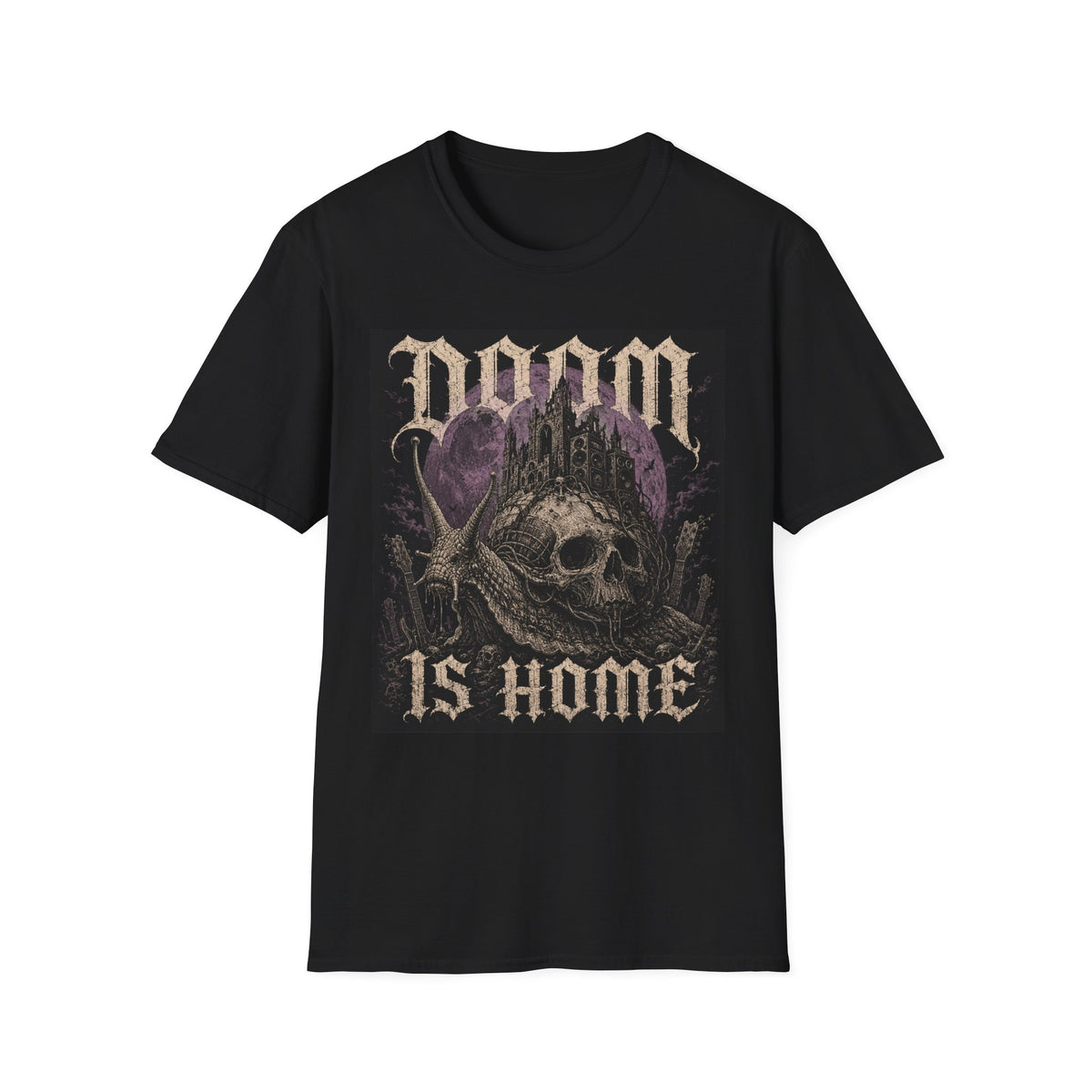 Black T-shirt with Doom Is Home text and purple gothic skull graphic, front view.