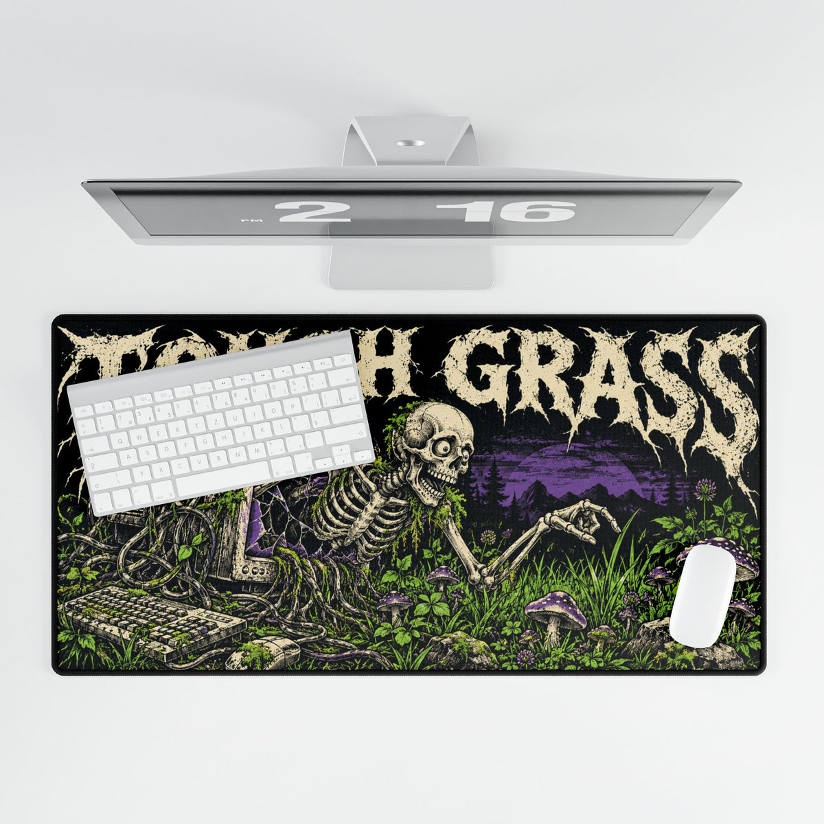 Touch Grass Skeleton | Gothic Gaming Mousepad with Skeletal, Mushroom Artwork
