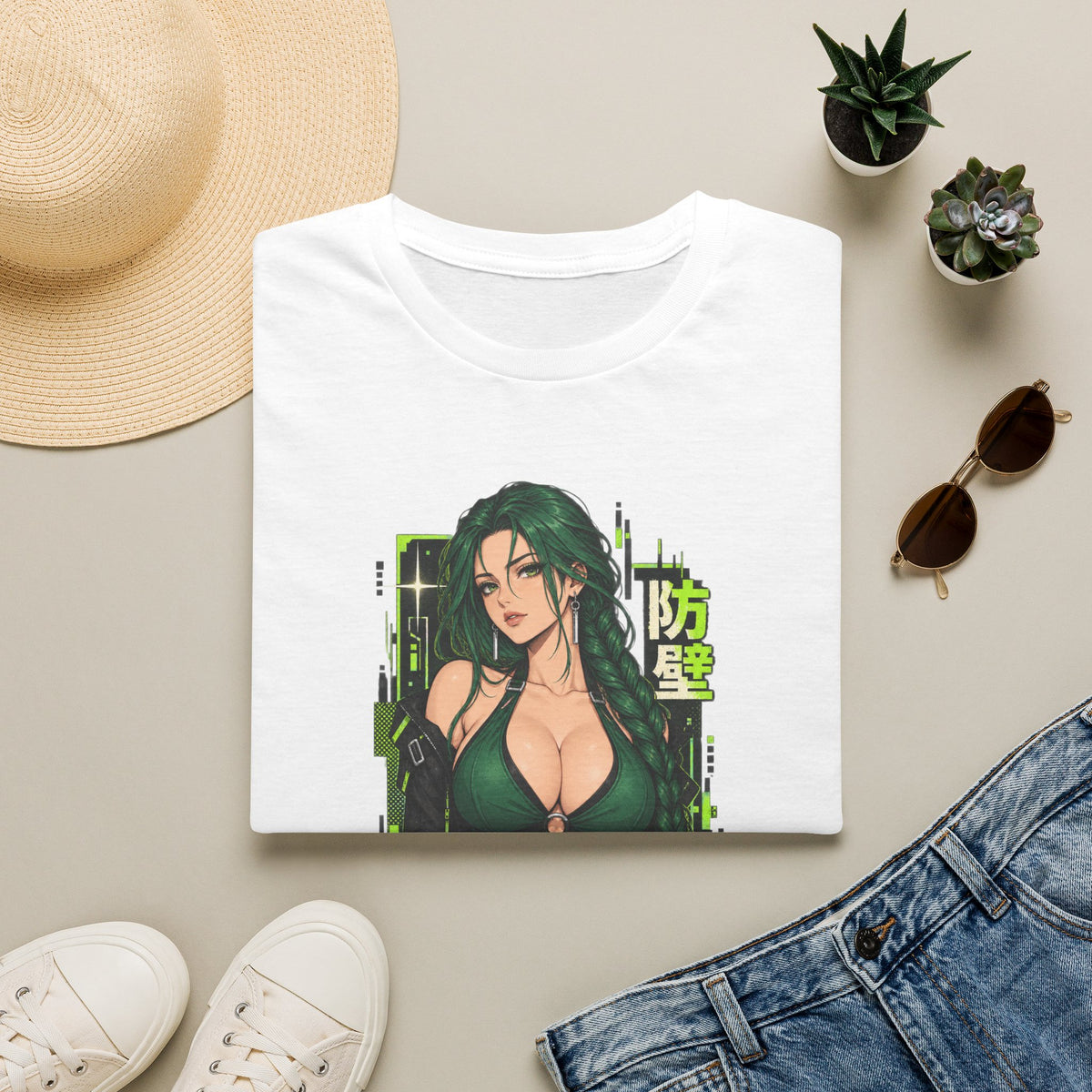 Jade | Anime Green-Haired Sexy Pin Up Girl Warrior Graphic Shirt