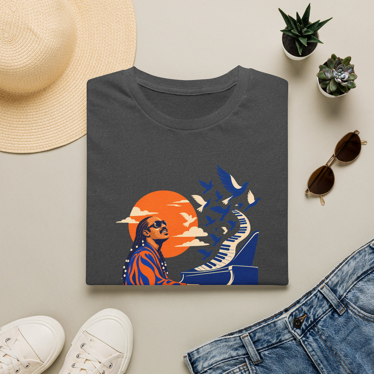 Stevie Wonder Piano Retro Tee - Vintage Sunset Music Legend T-Shirt