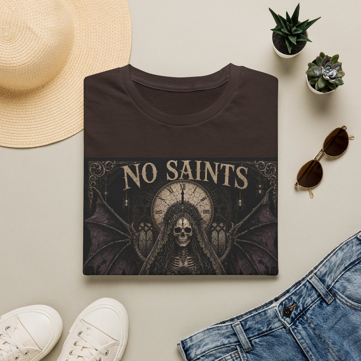 No Saints Graphic T-Shirt — Gothic Skull Clock Design