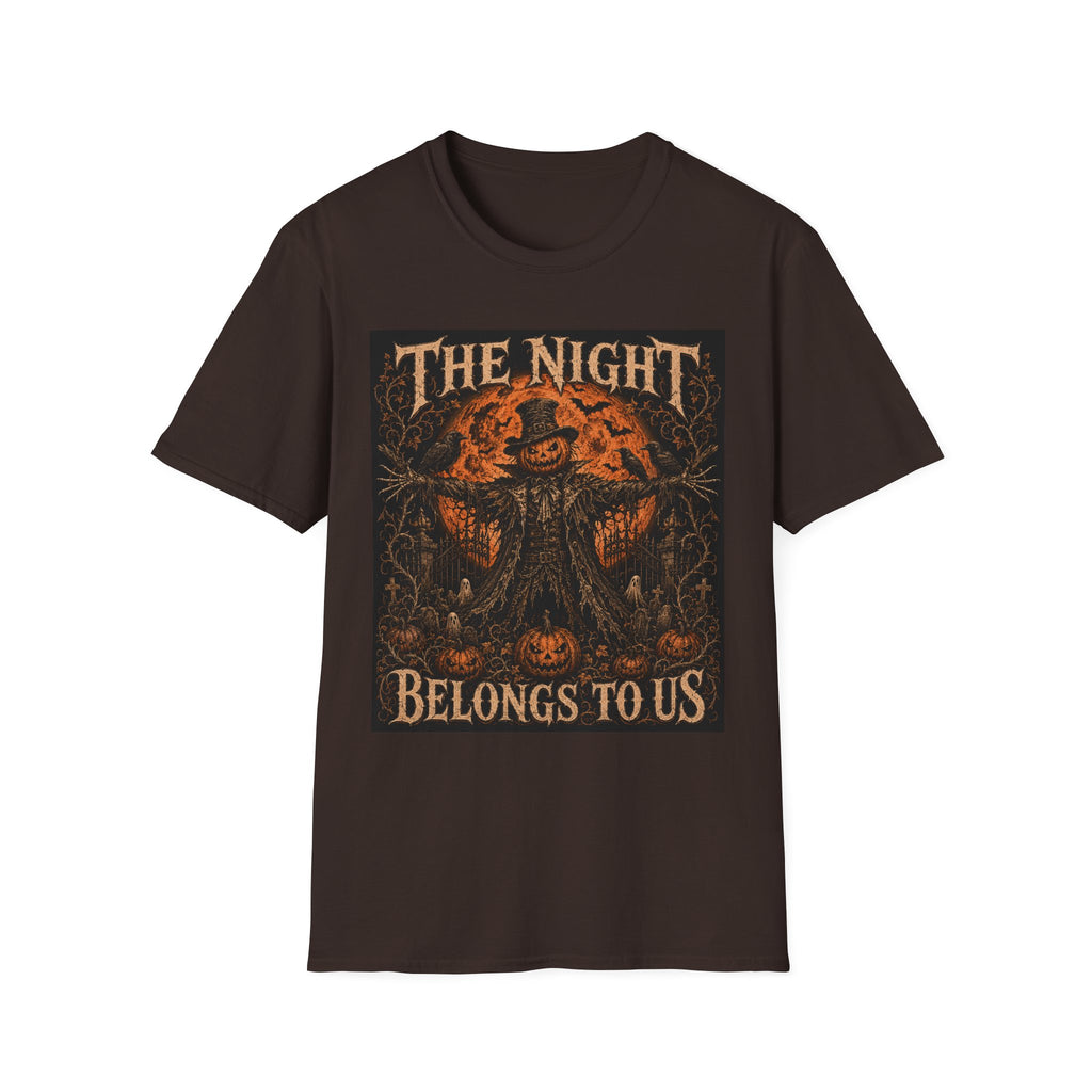 Halloween Scarecrow T-Shirt — "The Night Belongs To" Spooky Pumpkin Graphic