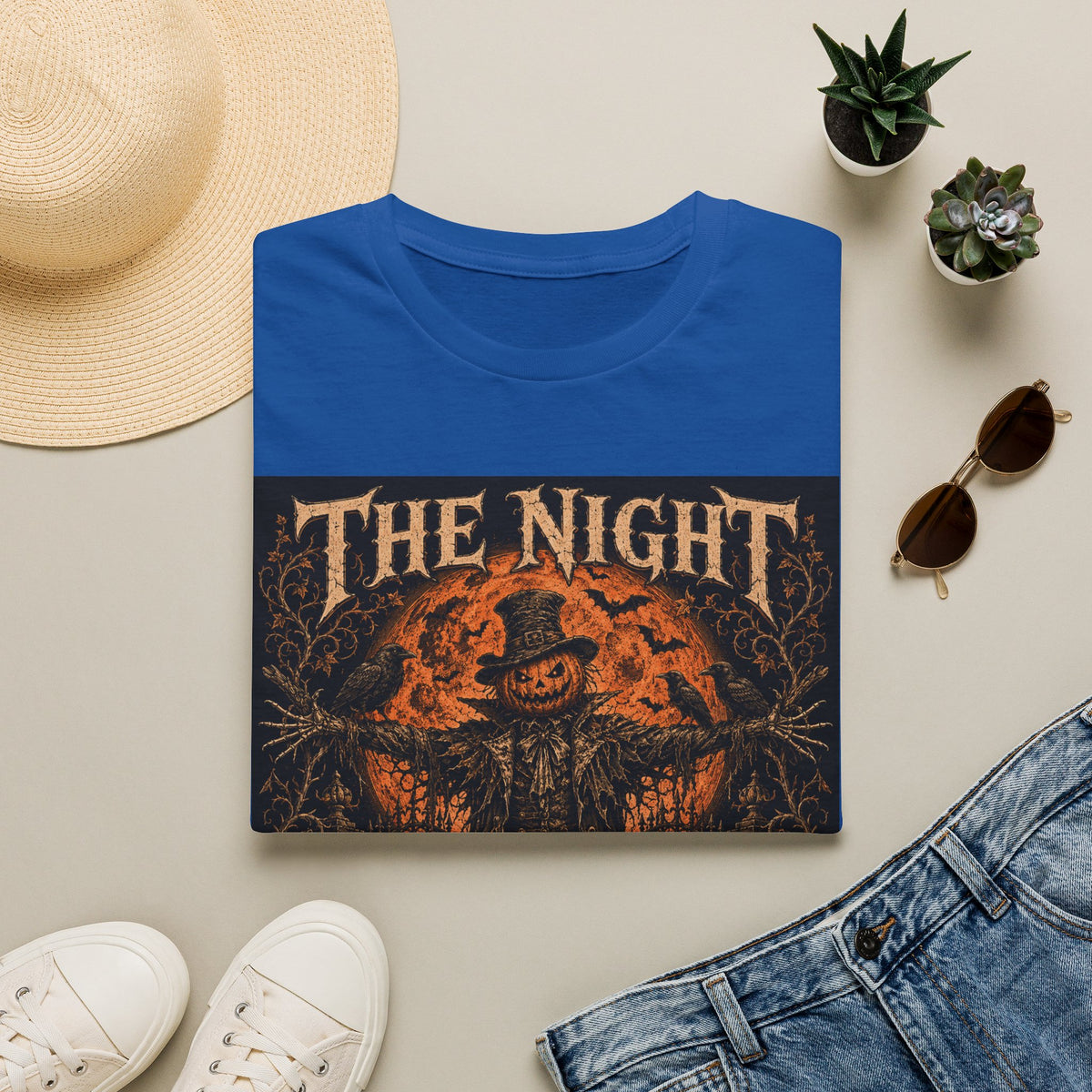 Halloween Scarecrow T-Shirt — "The Night Belongs To" Spooky Pumpkin Graphic