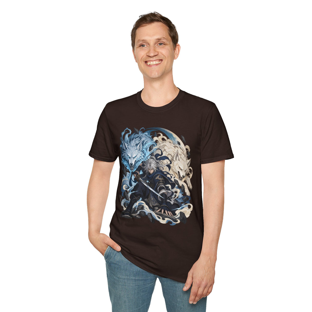 Wolf Spirit T-Shirt | Japanese Samurai | Yin Yang Blue & White Wolves Graphic Tee