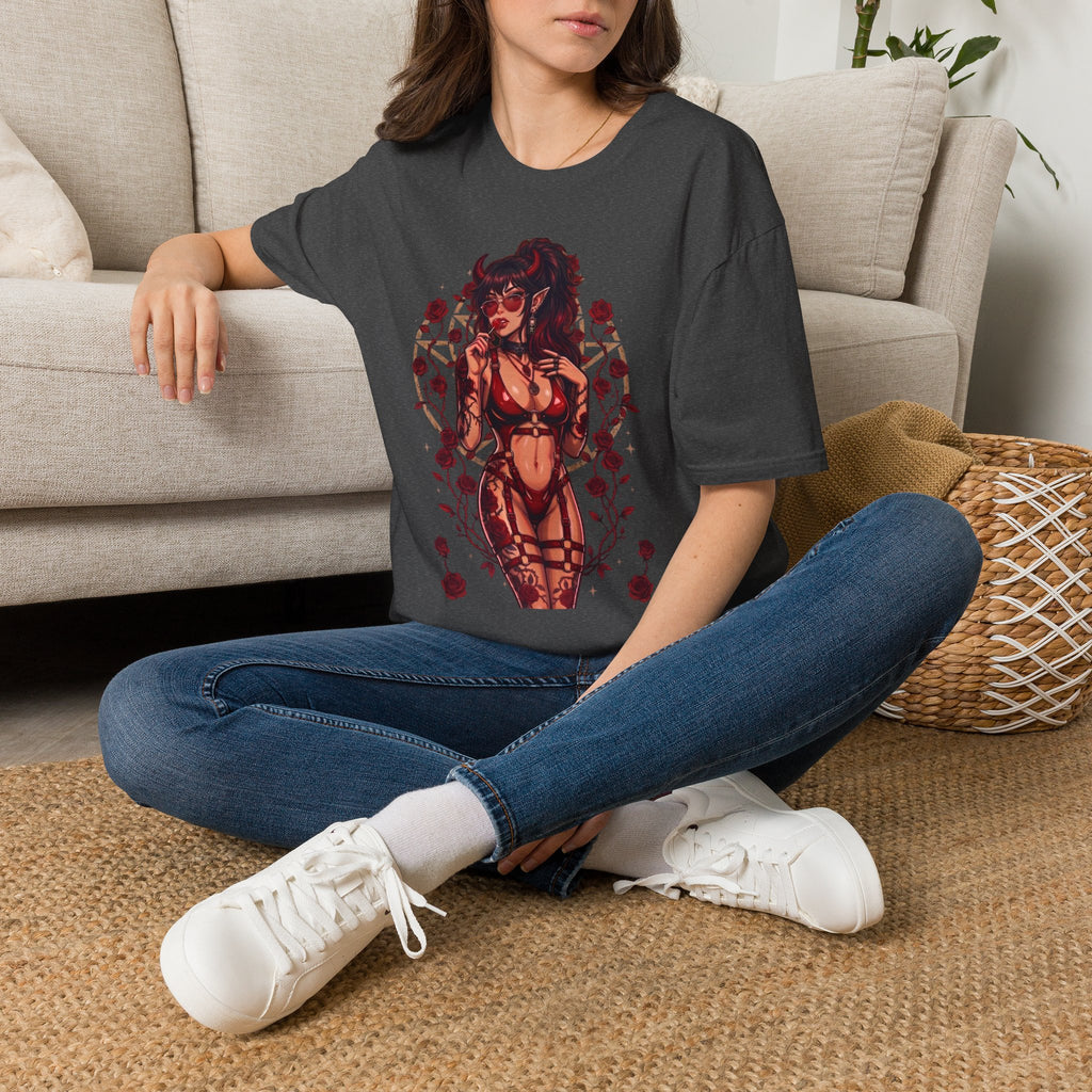 Sexy Succubus Tattoo Pin-Up Girl T Shirt - Rose Halo Graphic T-Shirt