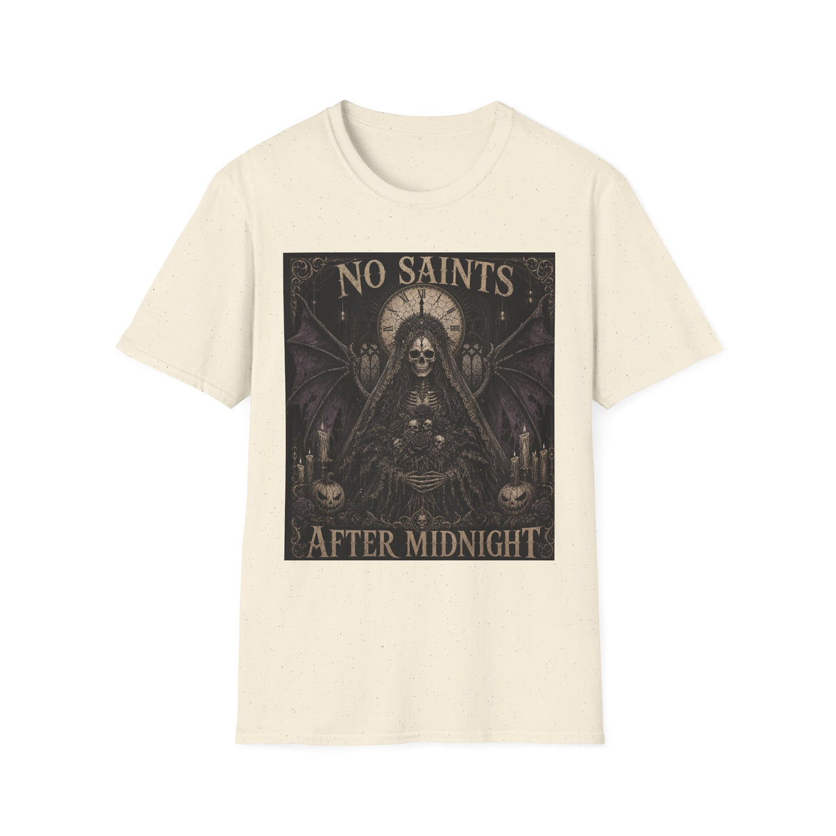 No Saints Graphic T-Shirt — Gothic Skull Clock Design