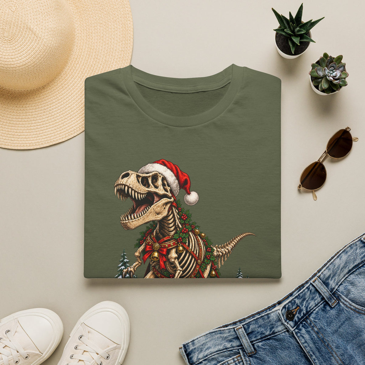 T-Rex Sleigh | Dinosaur Fossil Christmas T‑Shirt