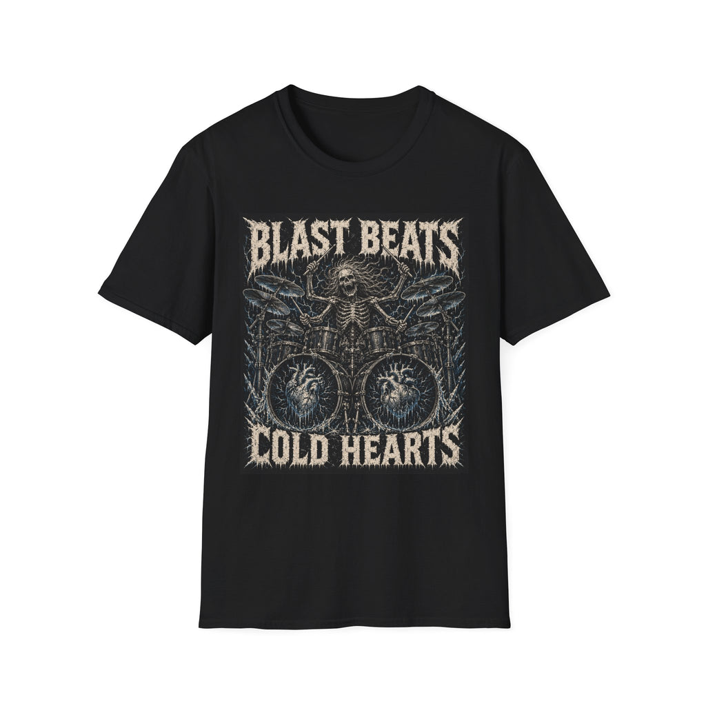 Black T-shirt with Blast Beats Cold Hearts text and skeleton drummer, front view.