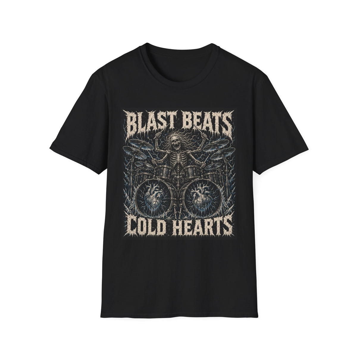 Black T-shirt with Blast Beats Cold Hearts text and skeleton drummer, front view.