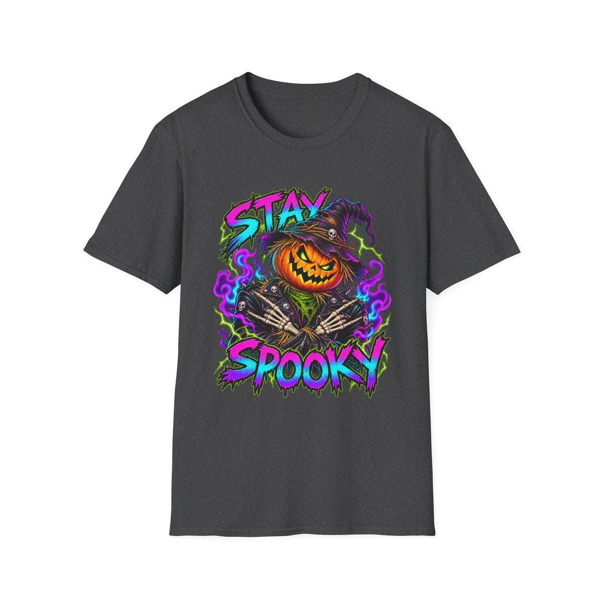 Stay Spooky | Neon Pumpkin Scarecrow Halloween Tee